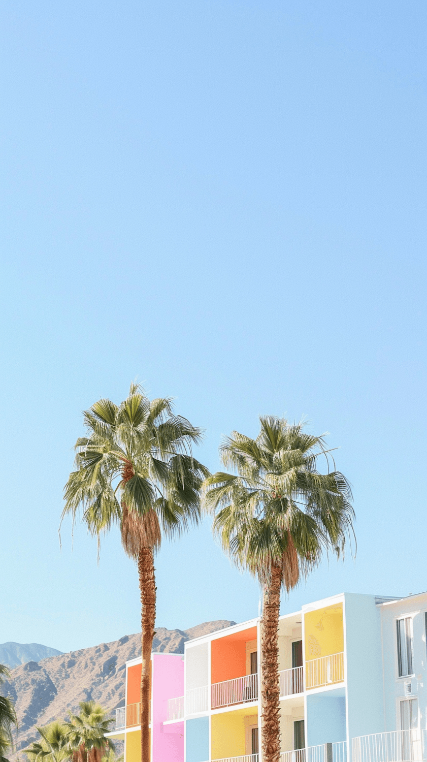 Palm trees in front of a colourful building facade with mountains behind