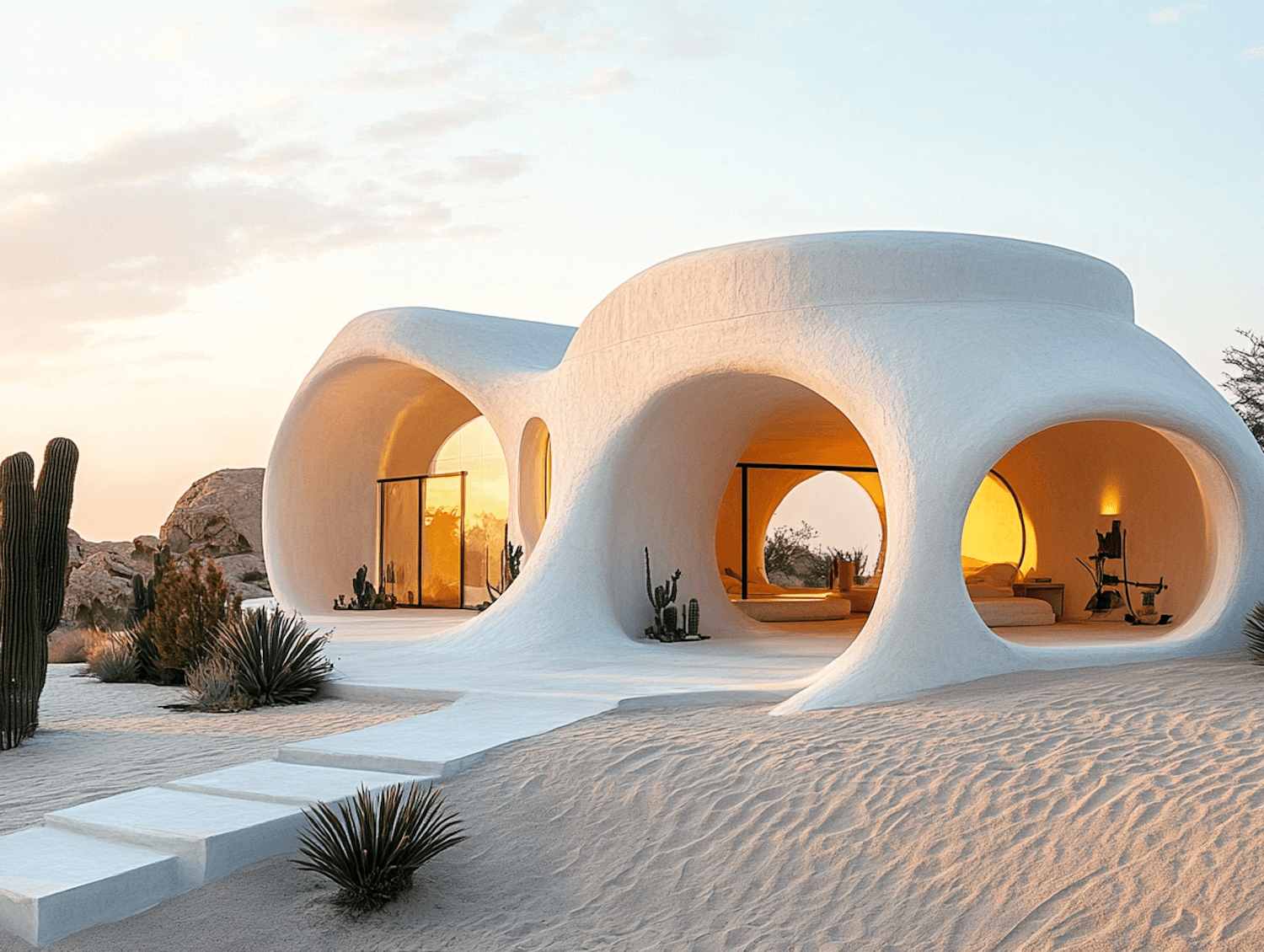 A modern white dome house with circular openings, surrounded by cacti in the California desert
