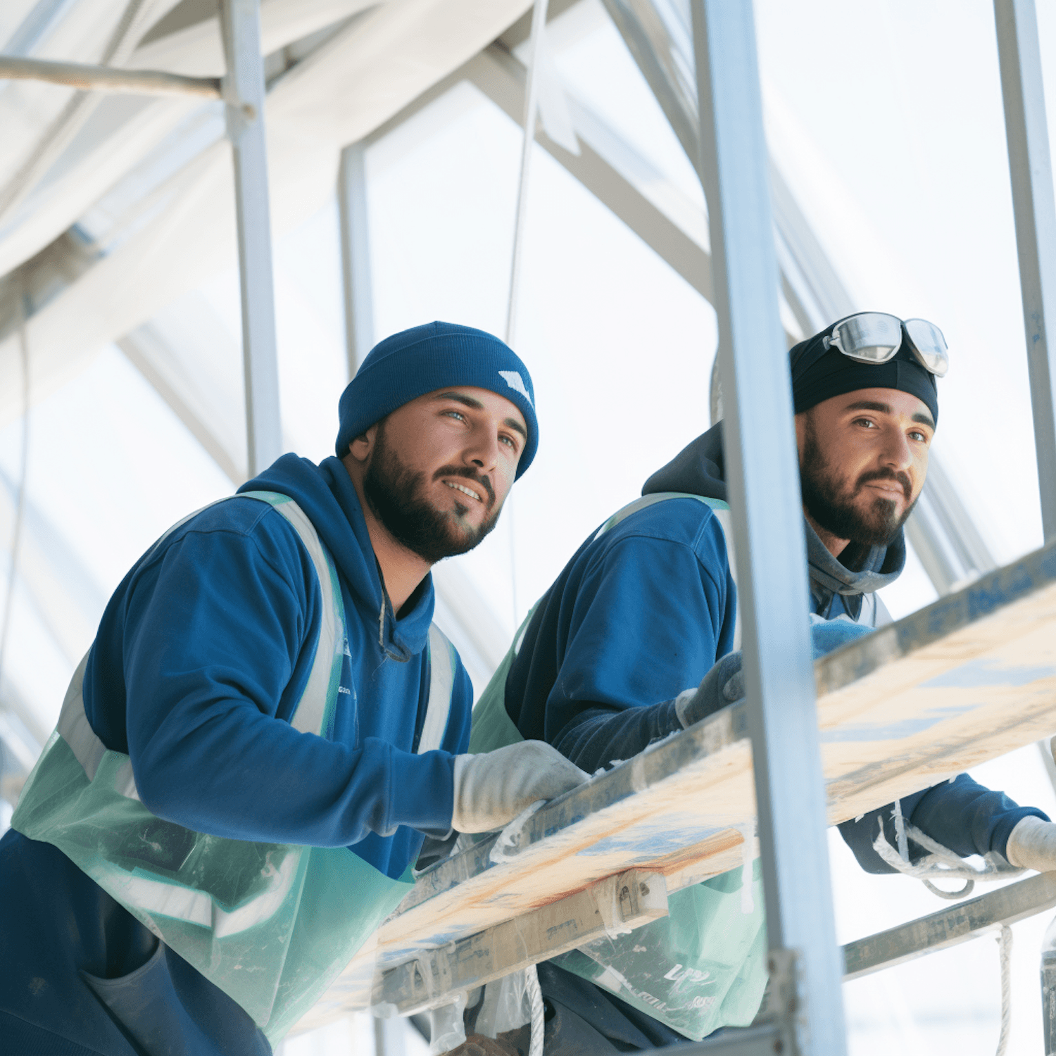 Two workers in safety vests and hard hats on scaffolding at a job site